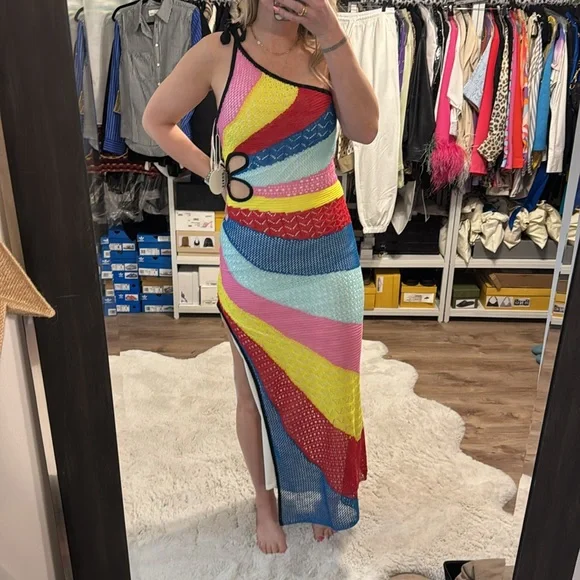 Staud Alpes One Shoulder Cutout Rainbow Crochet Knit Dress - Picture 7 of 10